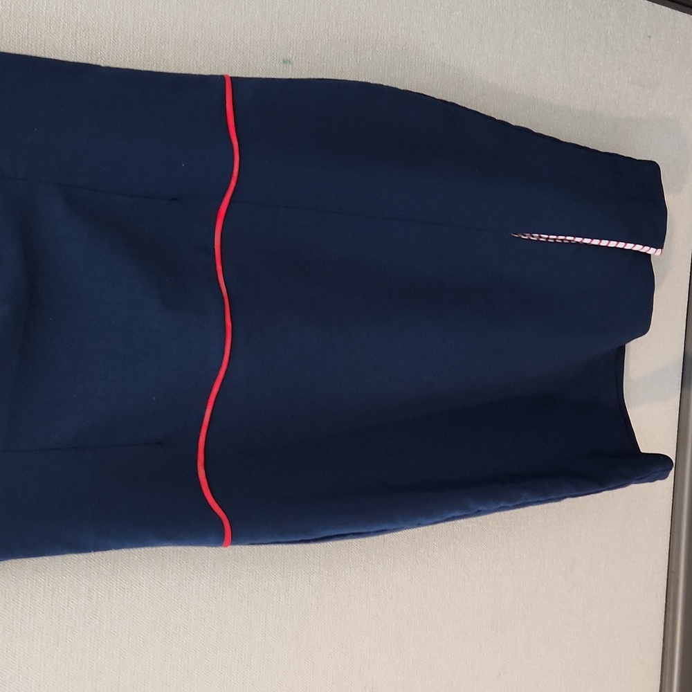Navy and Red Striped V-Neck Pencil Dress - Picture 4 of 15